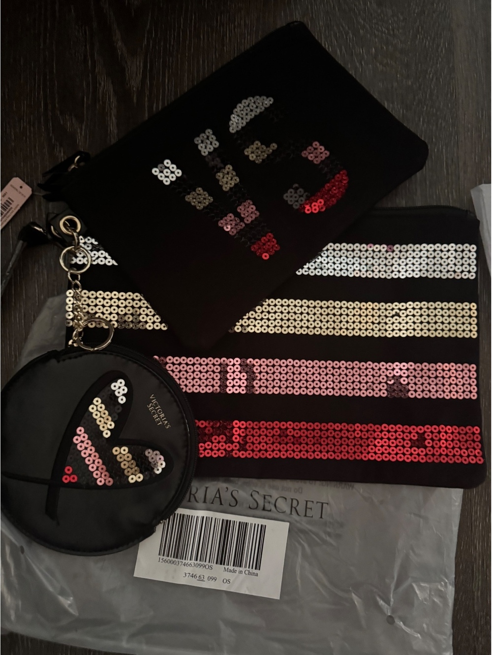 Victoria's Secret Sequin Stripe Cosmetic Bag and Coin Purse Set